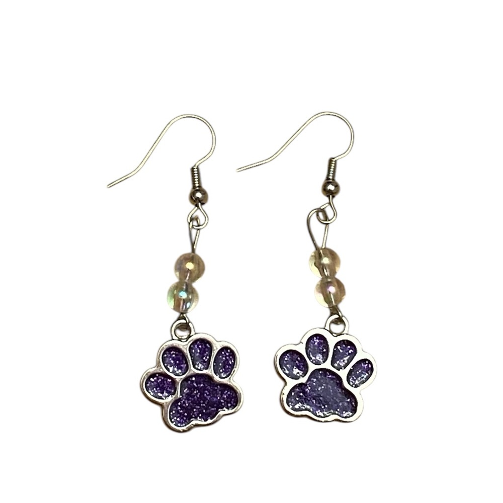 Handcrafted Purple Paw Beaded Dangle Earrings - Picture 2 of 4